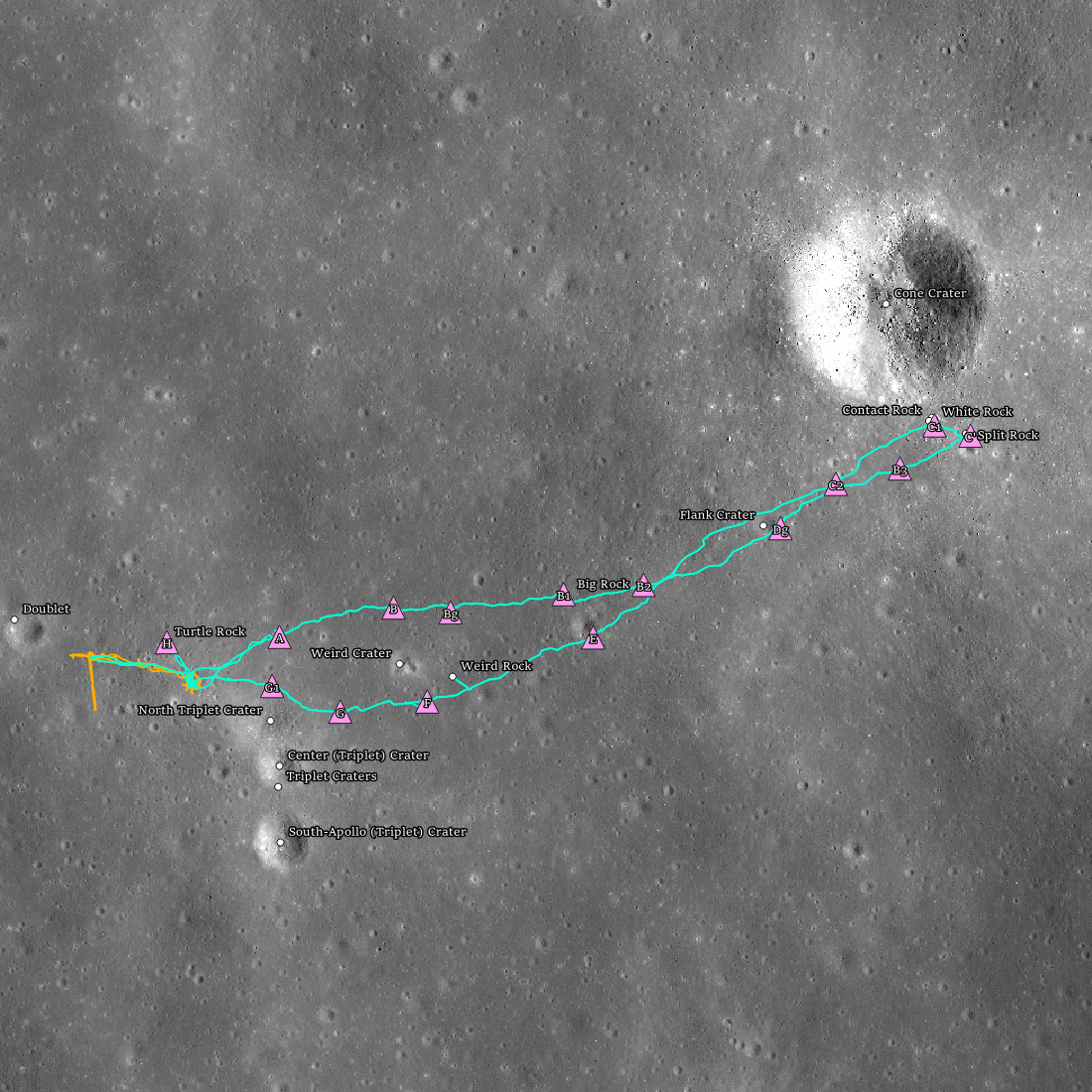 Apollo 14 landing site showing the two EVAs performed by the astronauts, including their journey to Cone crater.