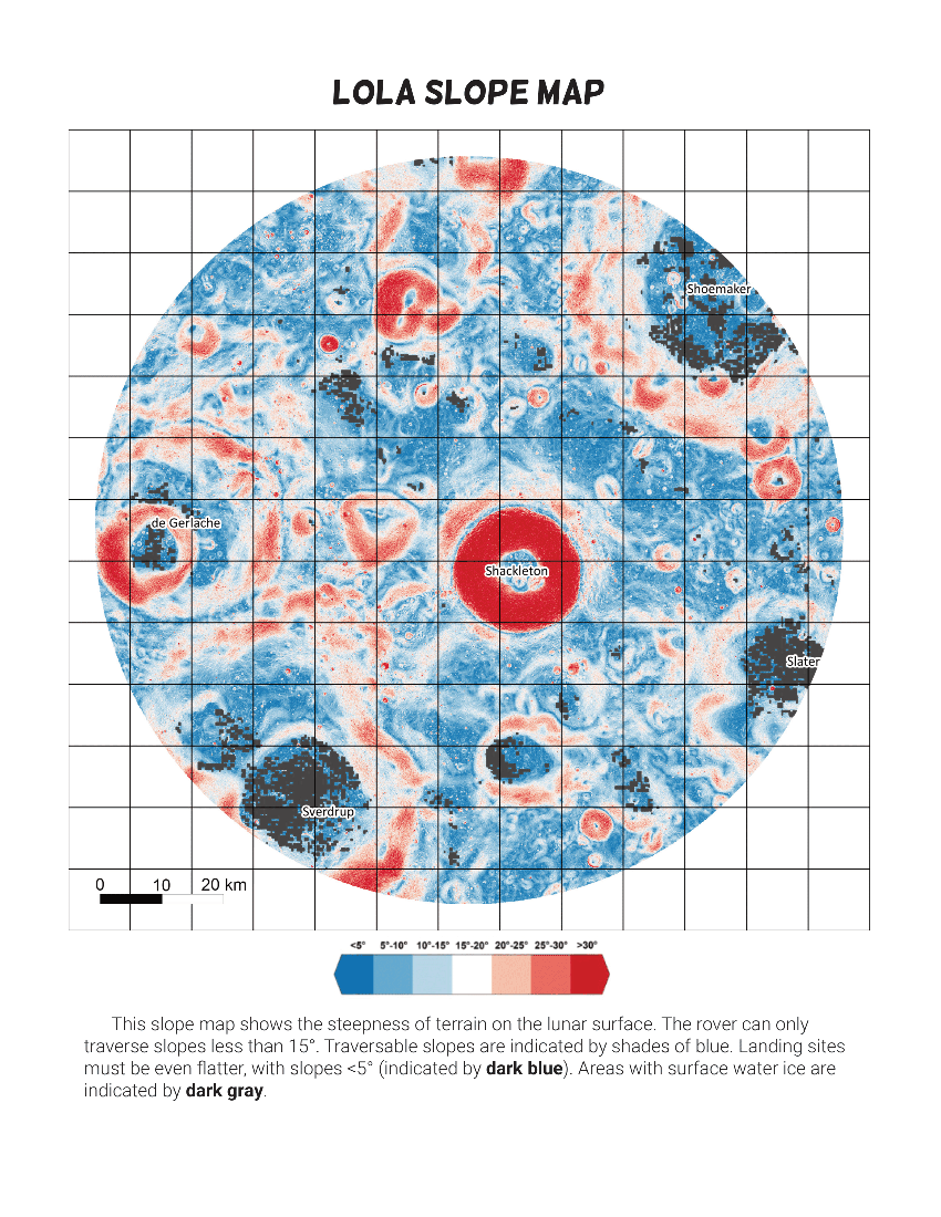 Title text: "LOLA Slope Map" with a picture of a LOLA slope map of the moon underneath