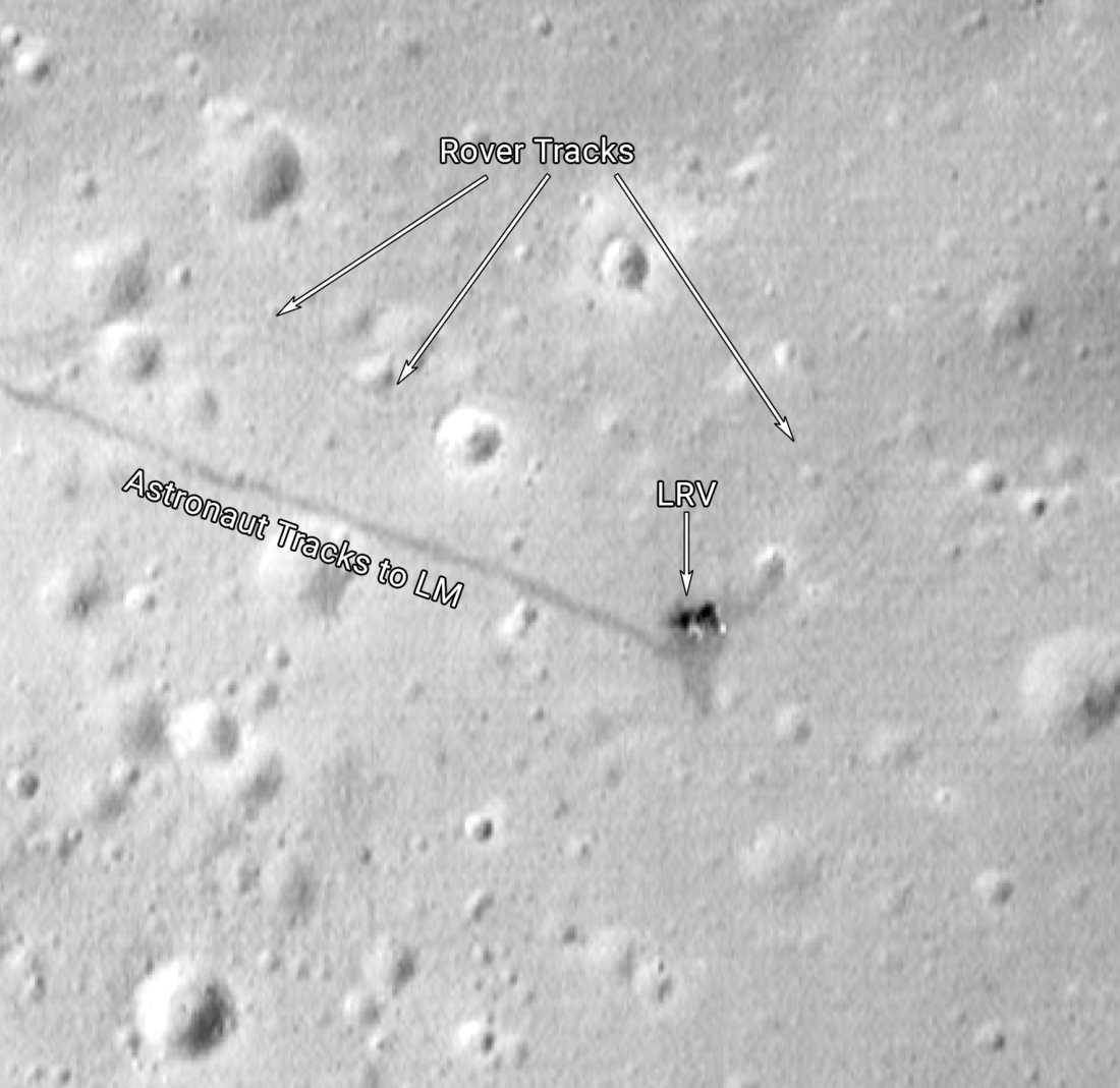 View of the Apollo 15 Lunar Roving Vehicle final resting spot near the Falcon descent stage with labeled tracks from the LRV and astronaut David Scott.
