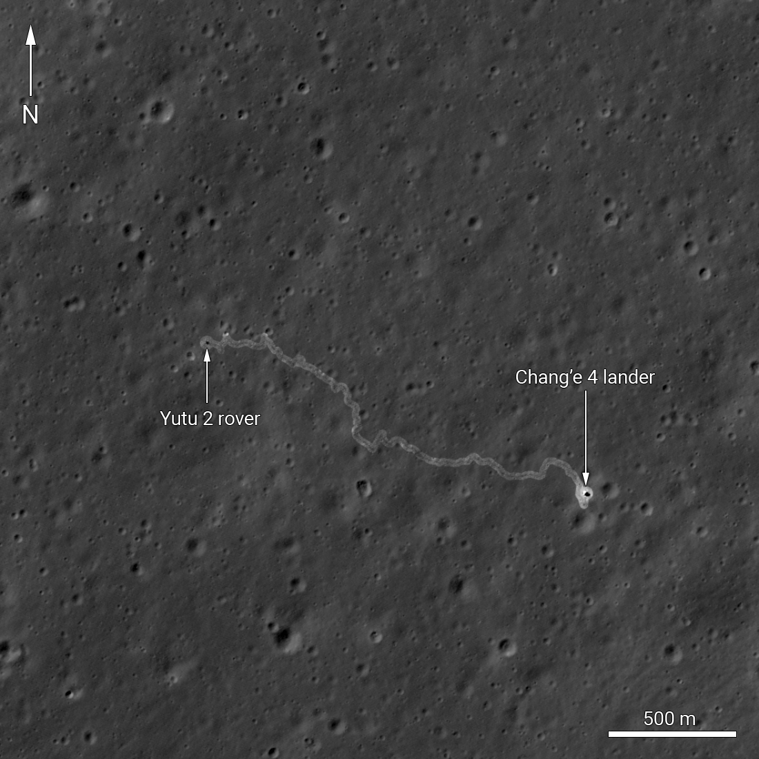 Image from above of the Chang'e 4 landing site with Yutu 2 rover tracks highlighted and labels for the lander and rover.