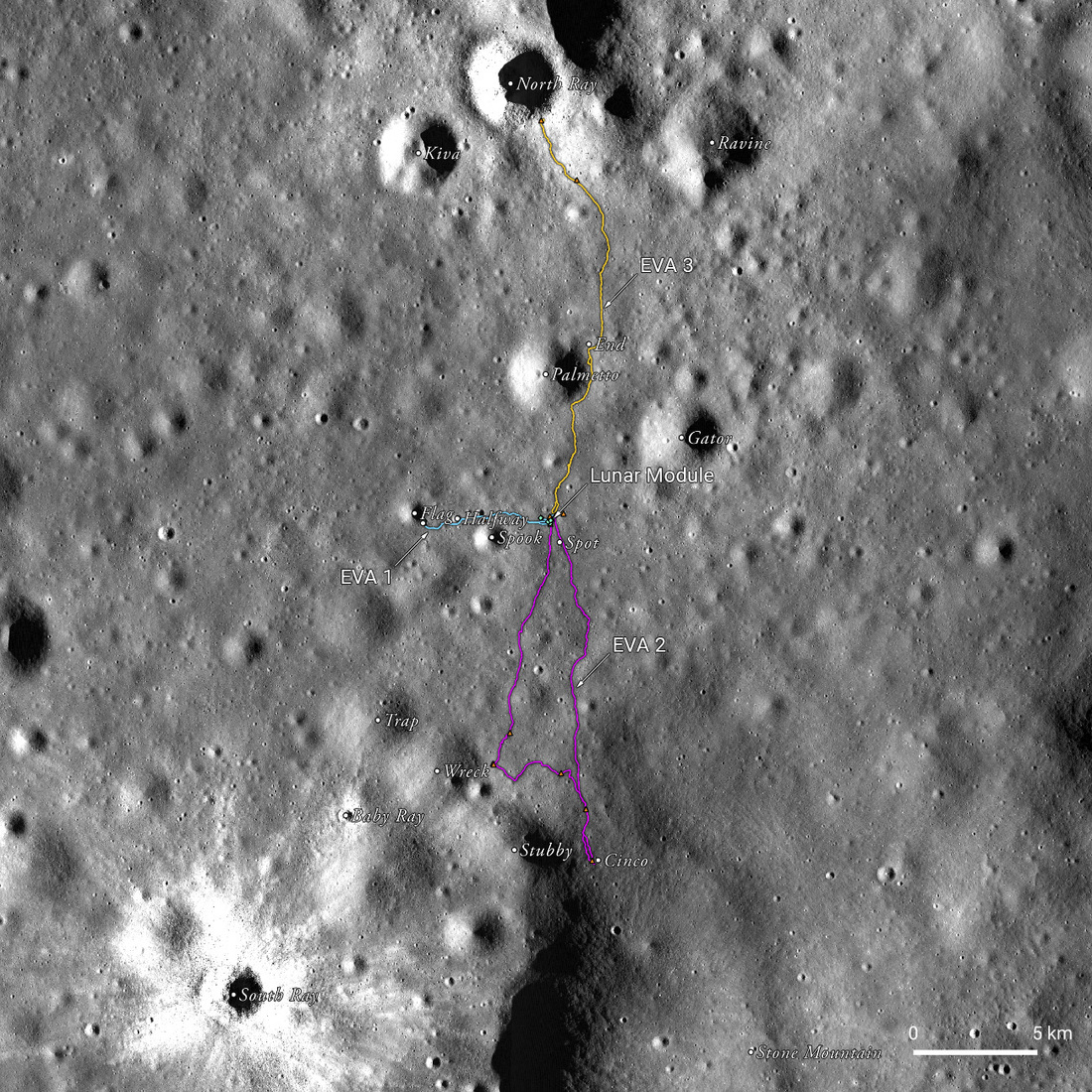 Nadir view of the Apollo 16 Landing site with labeled anthropogenic features and nearby lunar feature nomenclature.