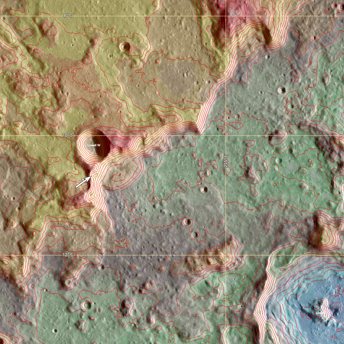 Context map showing 4500 meter diameter crater, Lowell W, Orientale basin rim