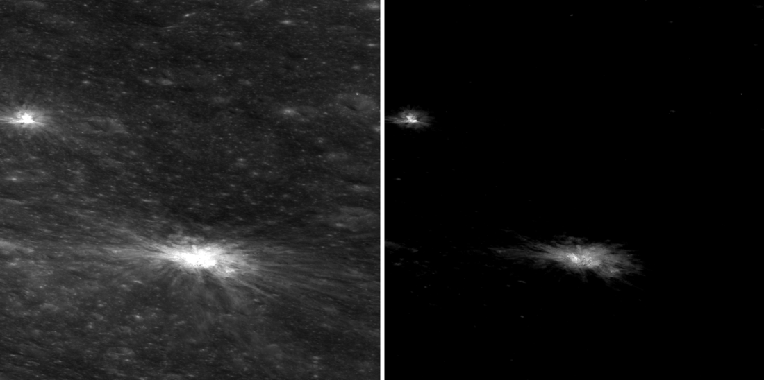 Shioli crater two versions; left is normal contrast, right contrast for Shioli only (background is dark)