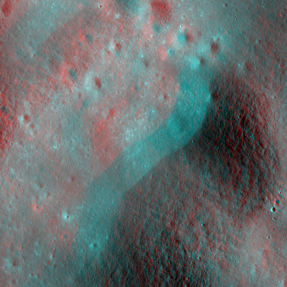 LROC NAC anaglyph image showing the lumpy wall of Tsiolkovskiy crater