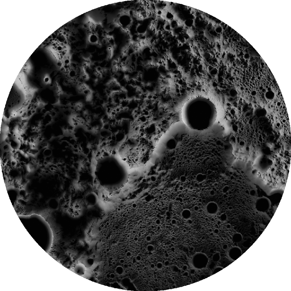 Grayscale image of the north pole of the Moon where light colored areas gets lots of sunlight and dark areas get no sunlight. A bright mountain range runs roughly diagonal across the image from the lower left to the middle of the right. 
