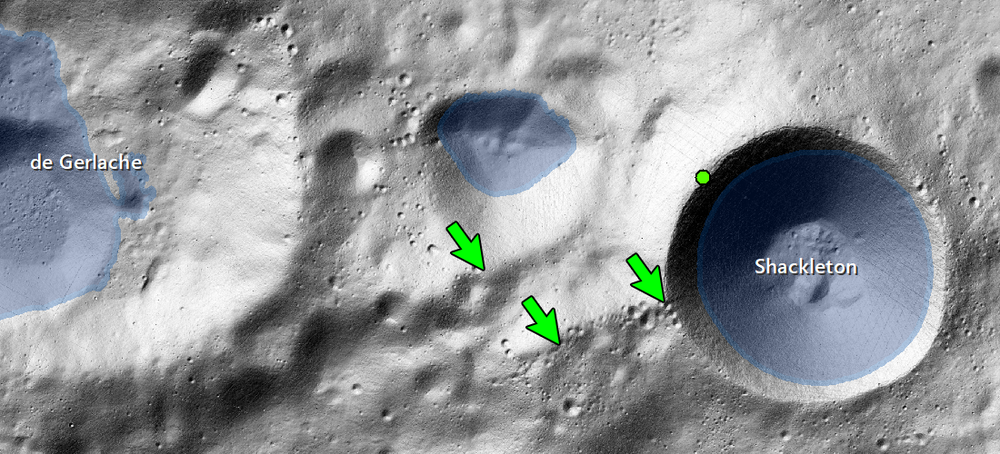 Shaded relief model of the south pole showing locations of PSRs