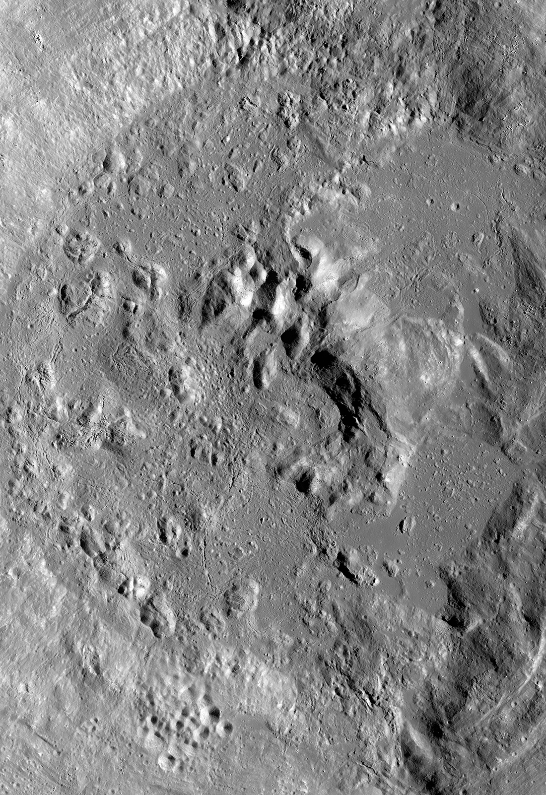 Crookes Crater Central Peak Mosaic NAC image pairs M1260022964R, M1260022964L, M1260029996R, M1260029996L, M1260037029R, and, M1260037029L [NASA/GSFC/Arizona State University].