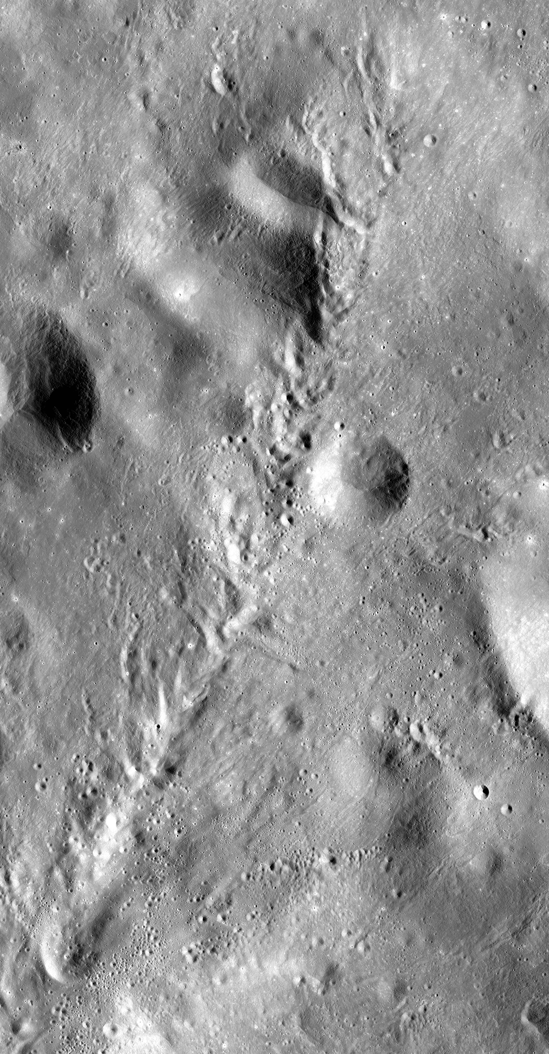 Crookes Crater Secondary Chain NE of Crookes Crater. LROC NAC Mosaic NAC image pairs M1244721800R, M1244721800L, M1244728832R, M1244728832L, M1244735864R, and M1244735864L[NASA/GSFC/Arizona State University].