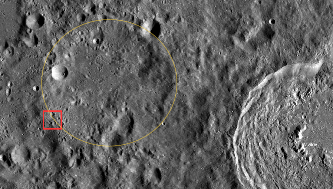 Regional WAC view west of Vavilov crater showing degraded crater and location of secondary craters.