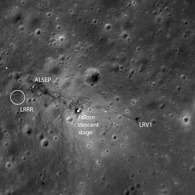 A close-up image (LROC NAC) of the Apollo 15 landing site showing the Falcon descent stage and other experiment hardware