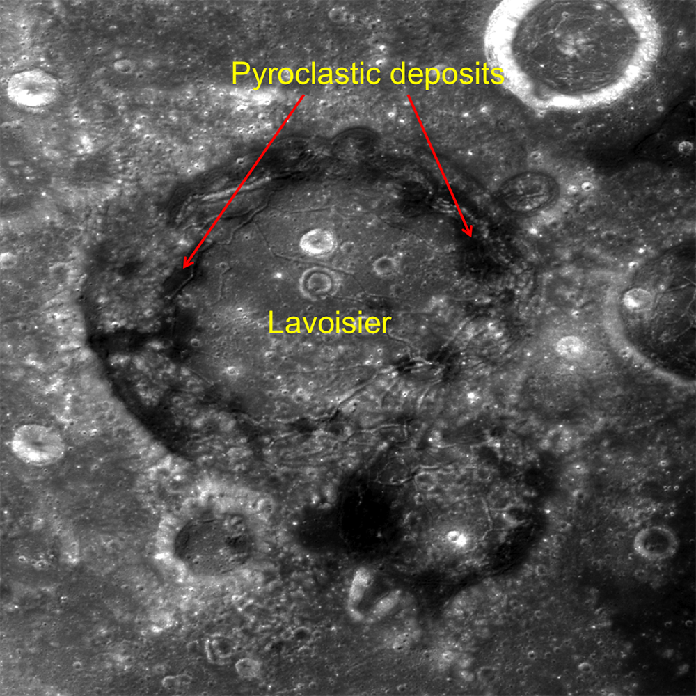 LROC normalized reflectance map of Lavoisier crater with labels pointing to darker pyroclastic deposits on the west and east sides.