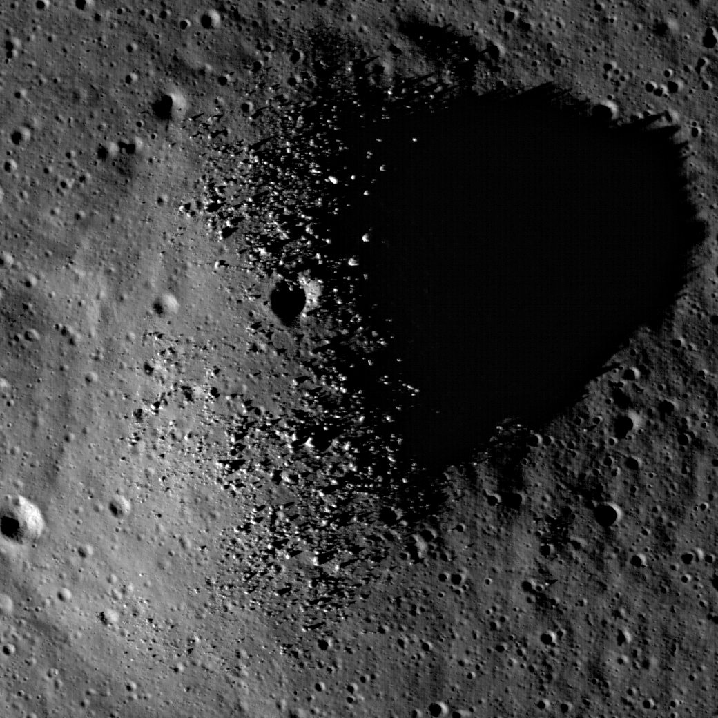 LROC NAC nadir image of a small dome inside the Compton-Belkovich region with lower sun that the opening image to highlight the boulder shadows.