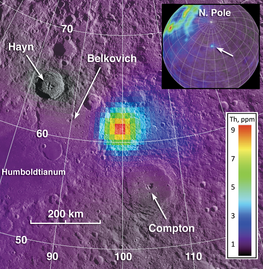 A composite image showing geochemistry from Lunar Prospector with a context map of the location on the Moon, labels for surrounding features, graticule, and color legend.