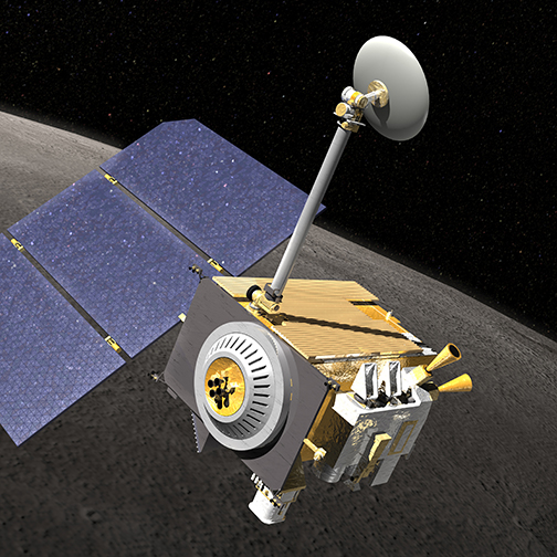 Rendering of the Lunar Reconnaissance Orbiter in orbit around the Moon