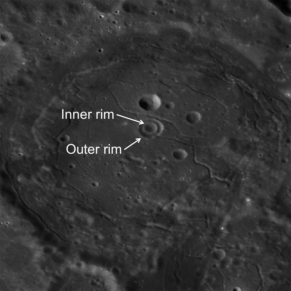 A second LROC WAC context image zoomed in on Lavoisier crater and with labels pointing out the inner and outer rim of the concentric crater on the floor.
