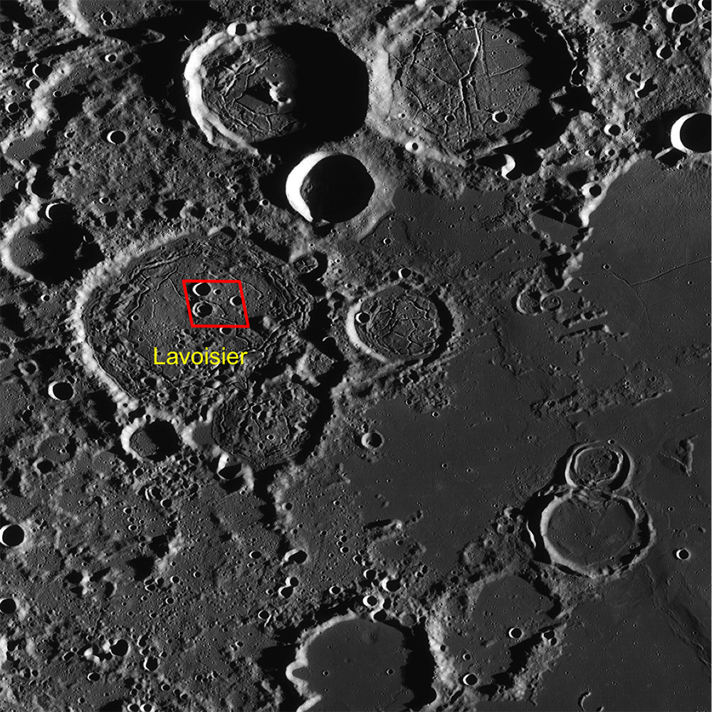LROC WAC mosaic of the western edge of Oceanus Procellarum with an outline showing and area surrounding the primary featured image and labeled larger Lavoisier crater.