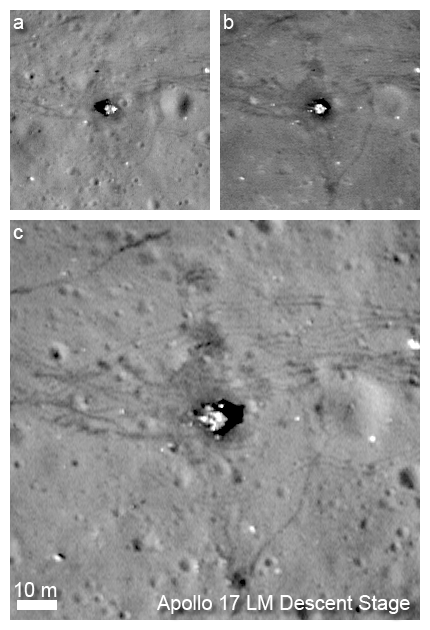 Mosaic comparison of three labeled LROC NAC images of the Apollo landing site and Lunar Module Descent Stage as imaged from orbit by LRO.